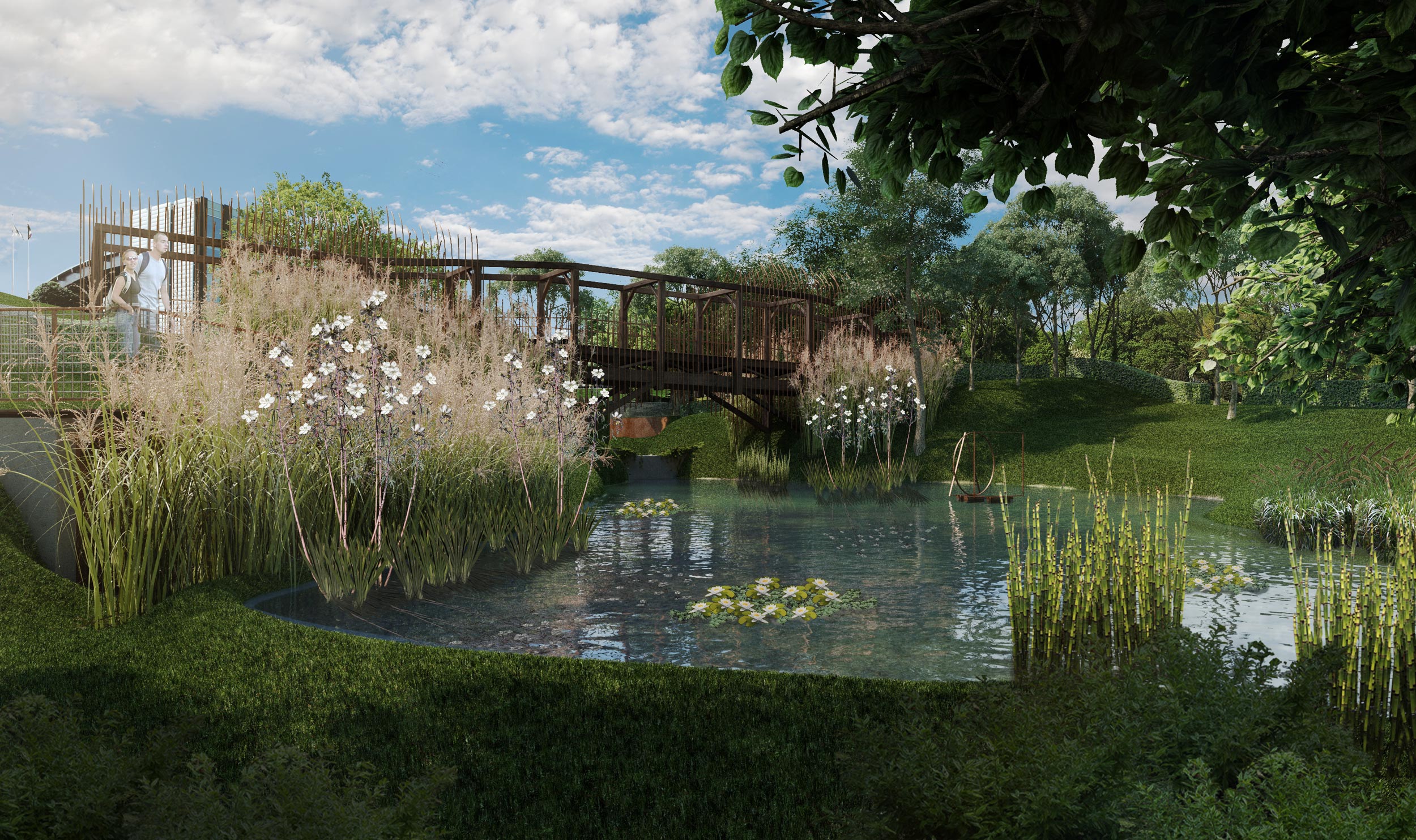 progetto, rendering, ponte, laghetto 