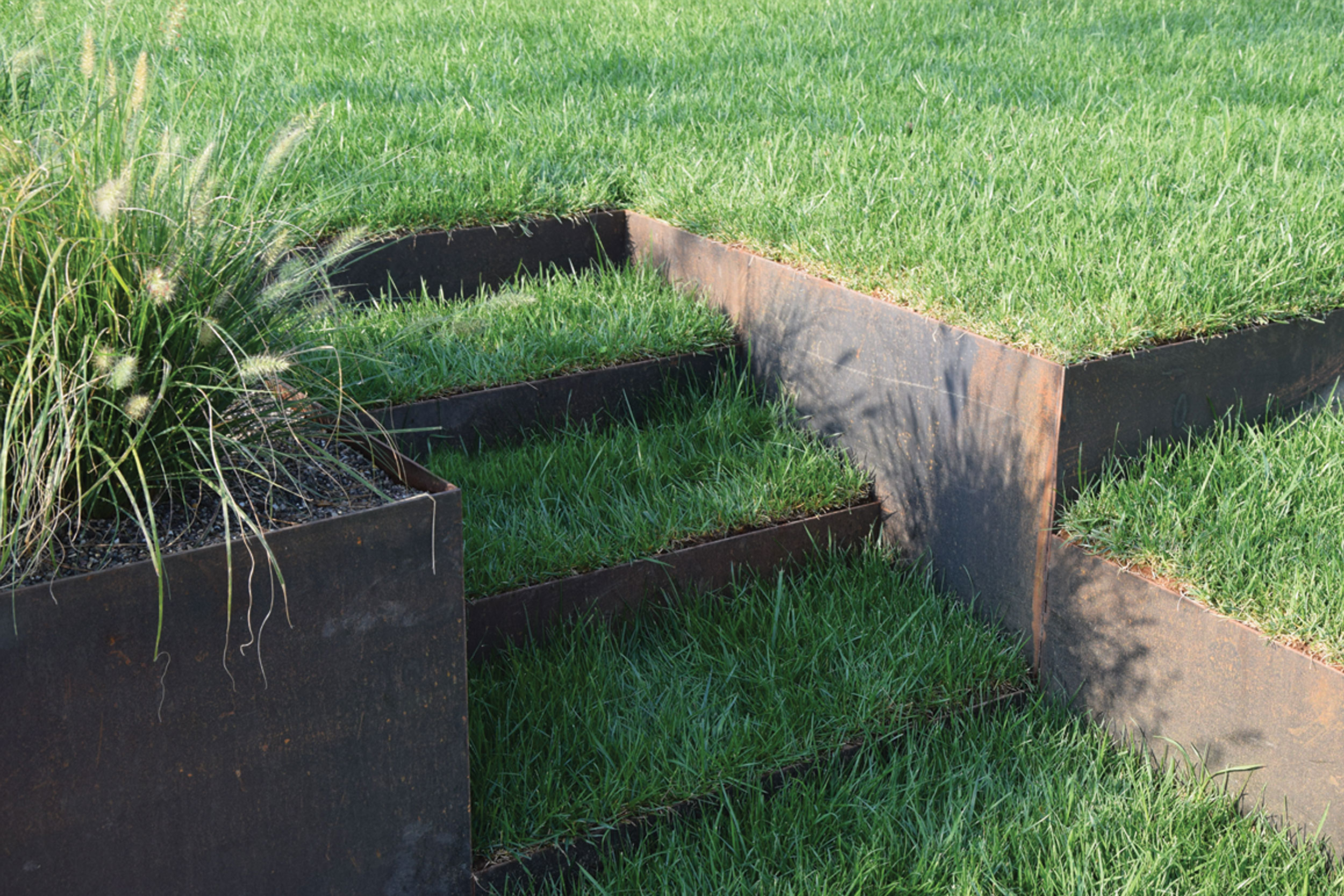 terrazzamento del giardino, lamiere in acciaio corten, pennisetum