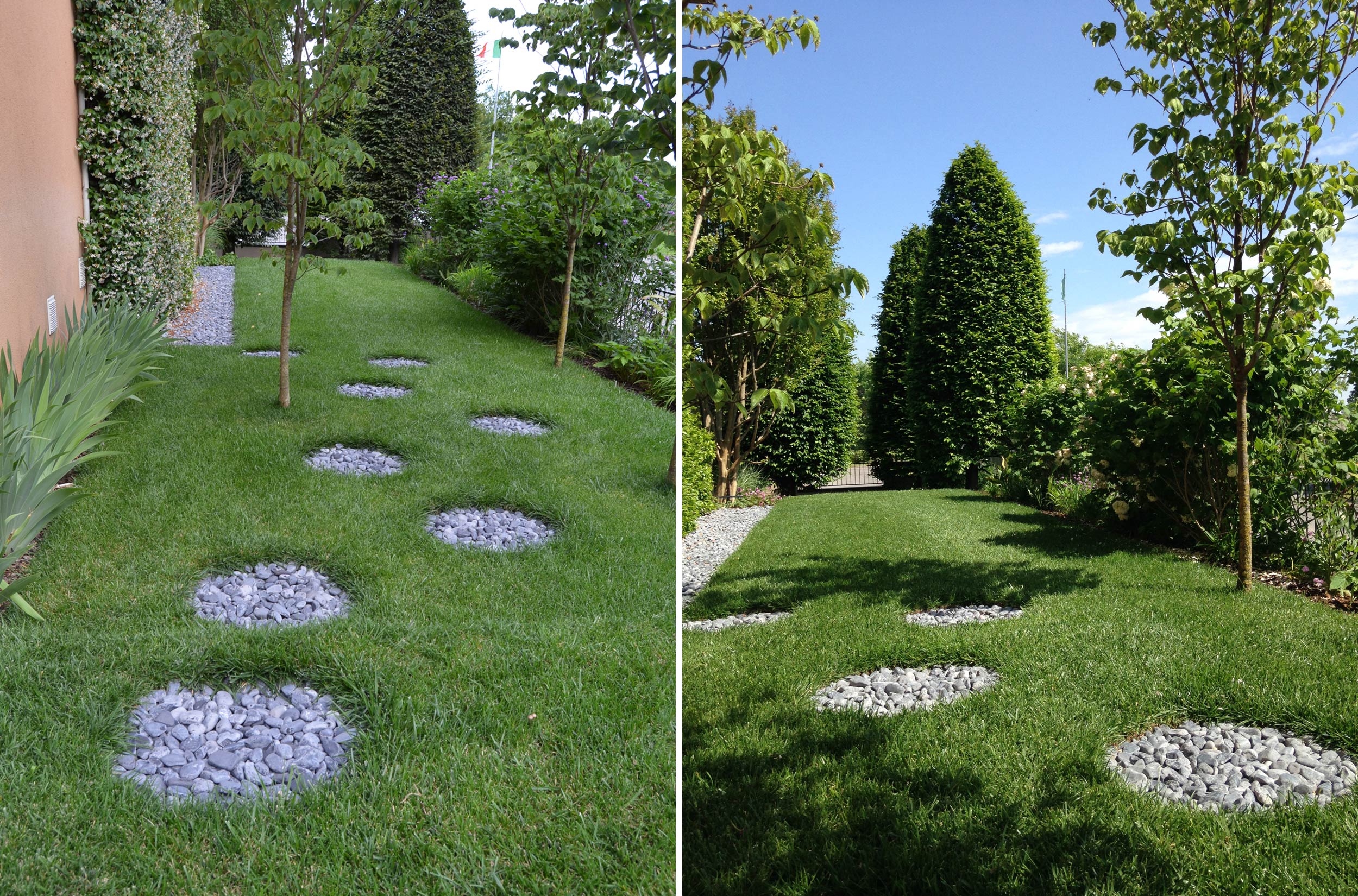 ciottoli nero ebano, Iris dalmatica, Hydrangea arborescens Annabelle 