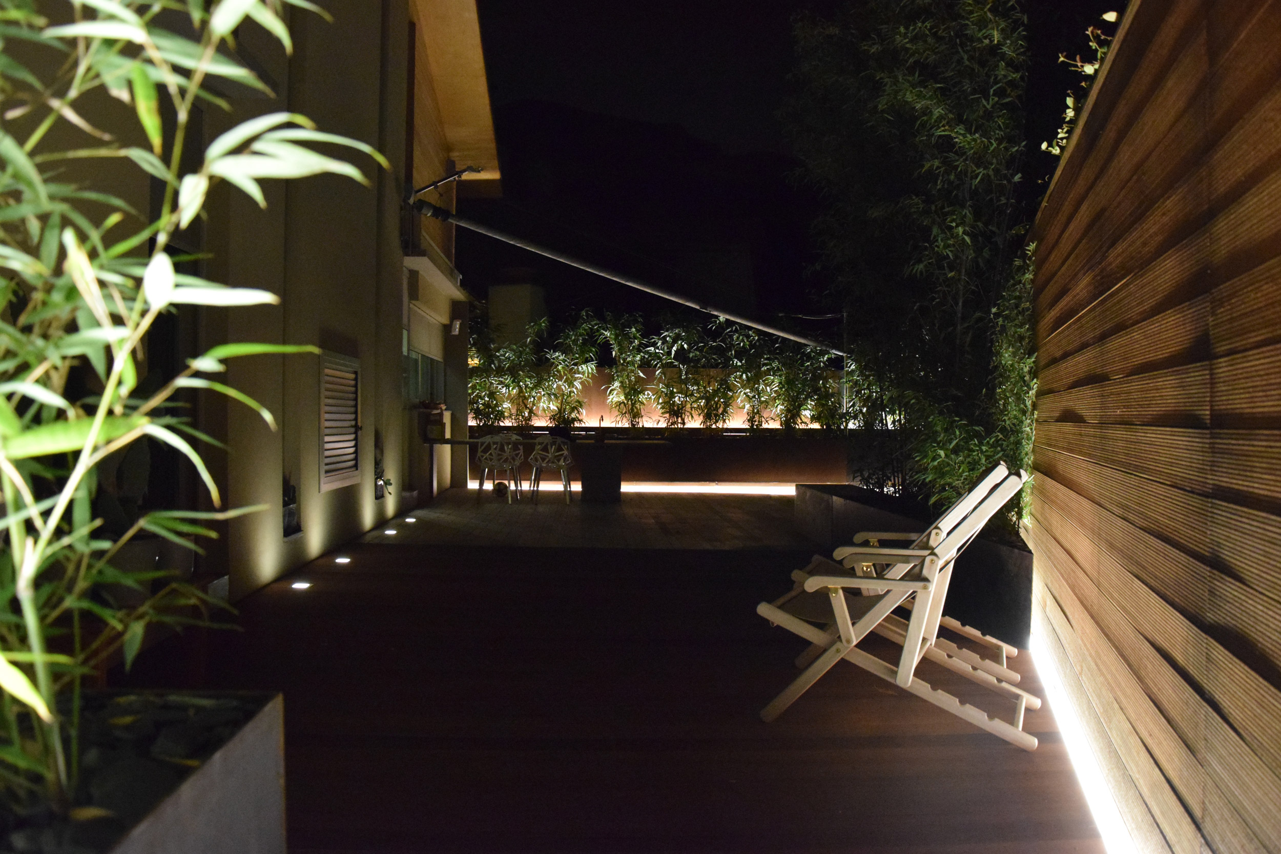 by night, lights, convallaria nana, phyllostachys, fioriere, acciaio corten, area living