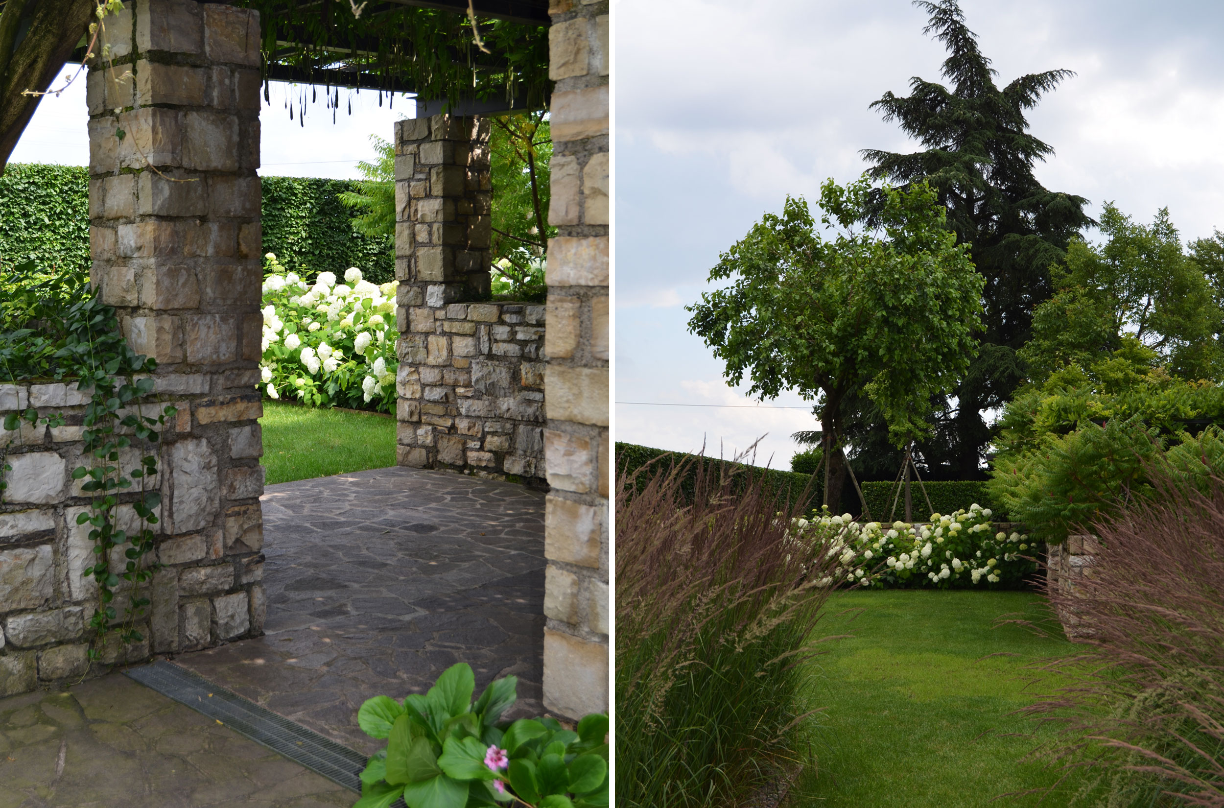 parterre simmetrici di Calamagrostis x acutiflora, Rhus typhina dissecta, Hydrangea arborescens Annabelle,  