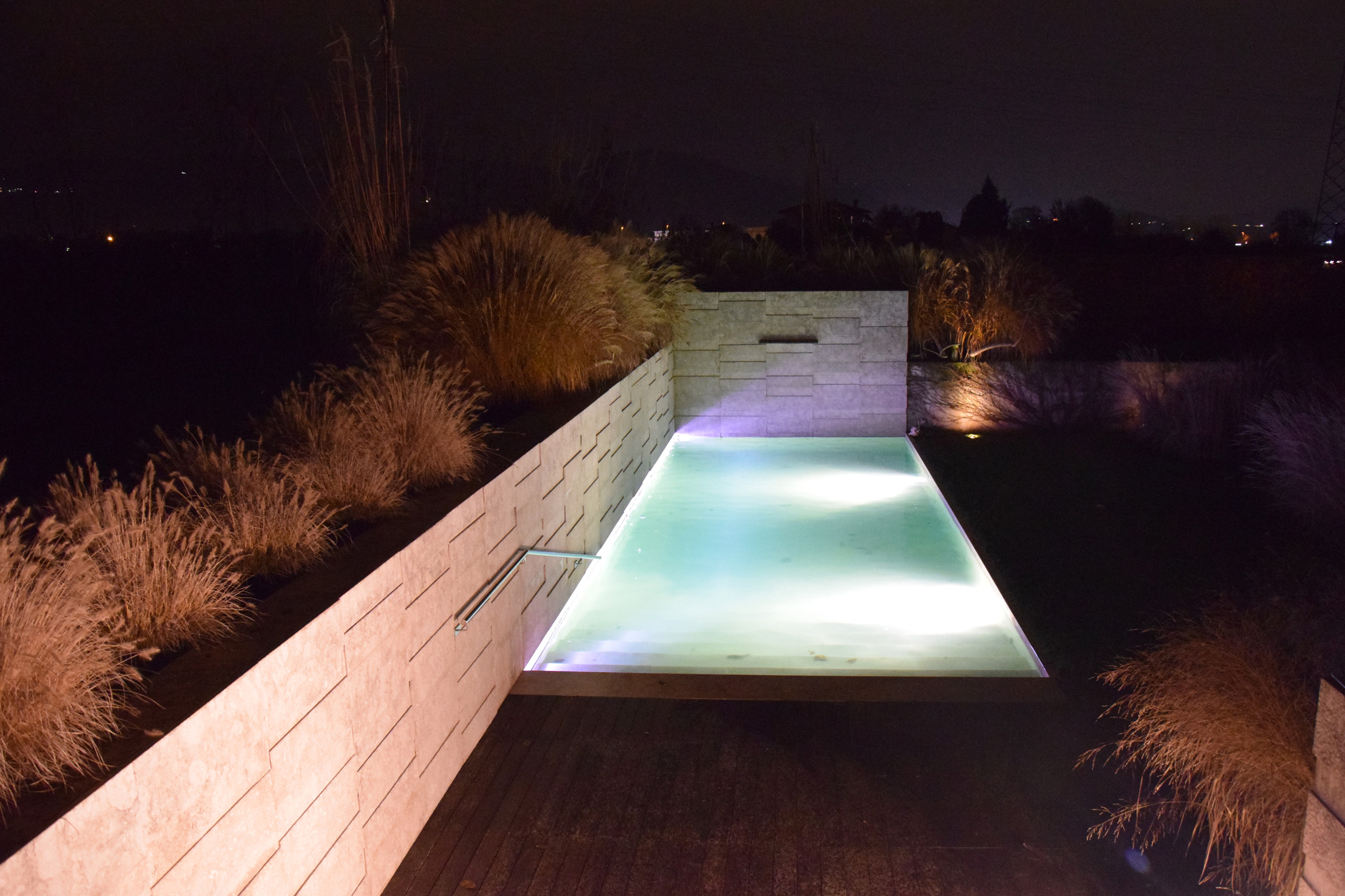 Pennisetum alopecuroides, lights, swimming pool