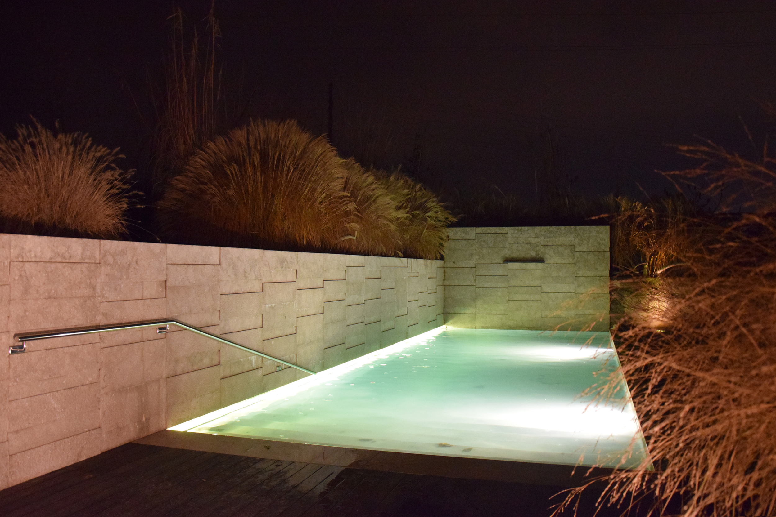 Pennisetum alopecuroides, lights, swimming pool