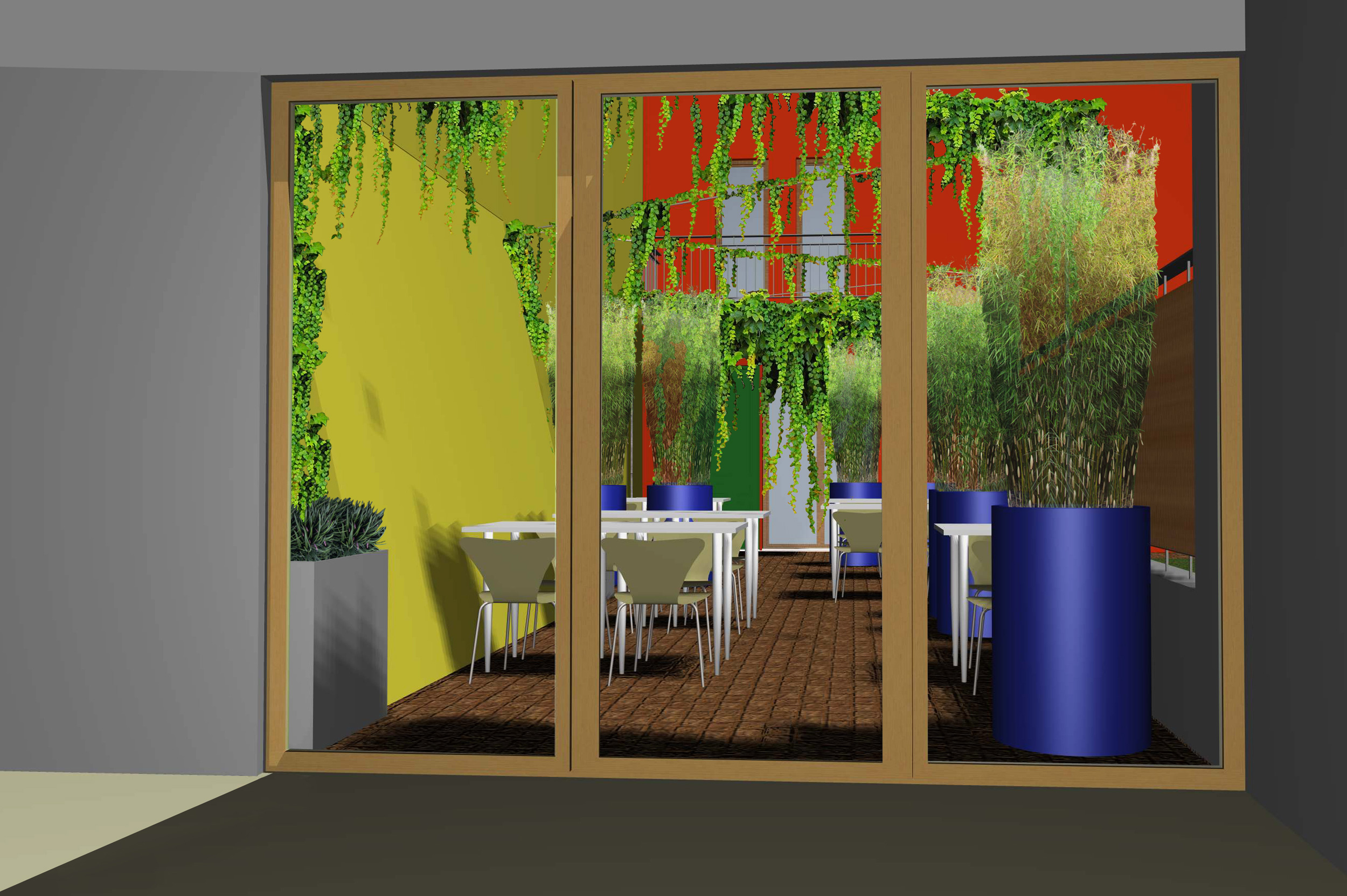 spazio esterno, area relax, fioriere per bambù, sapore esotico, phyllostachys, bidoni riciclati