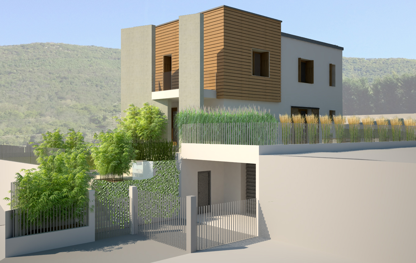 Calamagrostis x acutiflora, phyllostachys bissetii, cubo di legno, architettura contemporanea, giardino contemporaneo