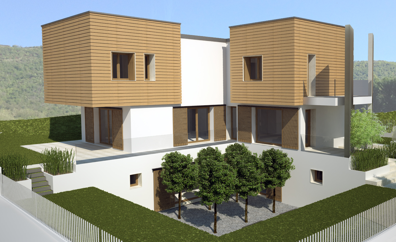boschetto di alberetti, quercus ilex, phyllostachys bissetii, cubo di legno, architettura contemporanea, giardino contemporaneo