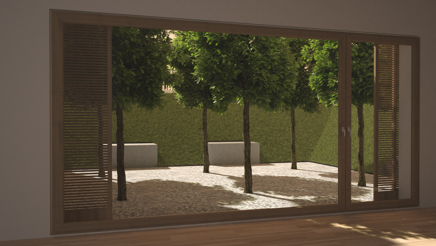 boschetto di alberetti, quercus ilex, architettura contemporanea, giardino contemporaneo