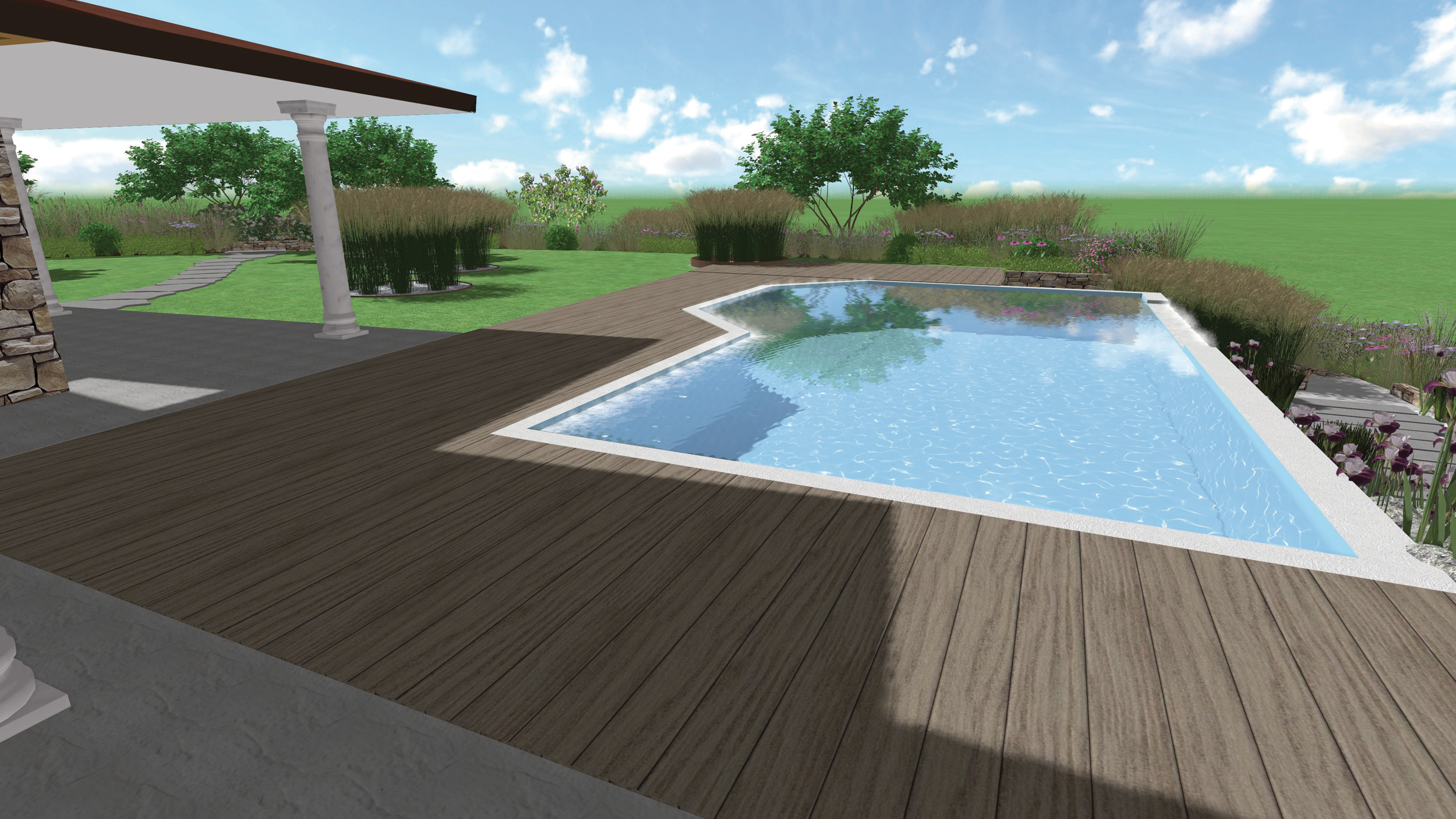 piscina, deck in legno, graminacee