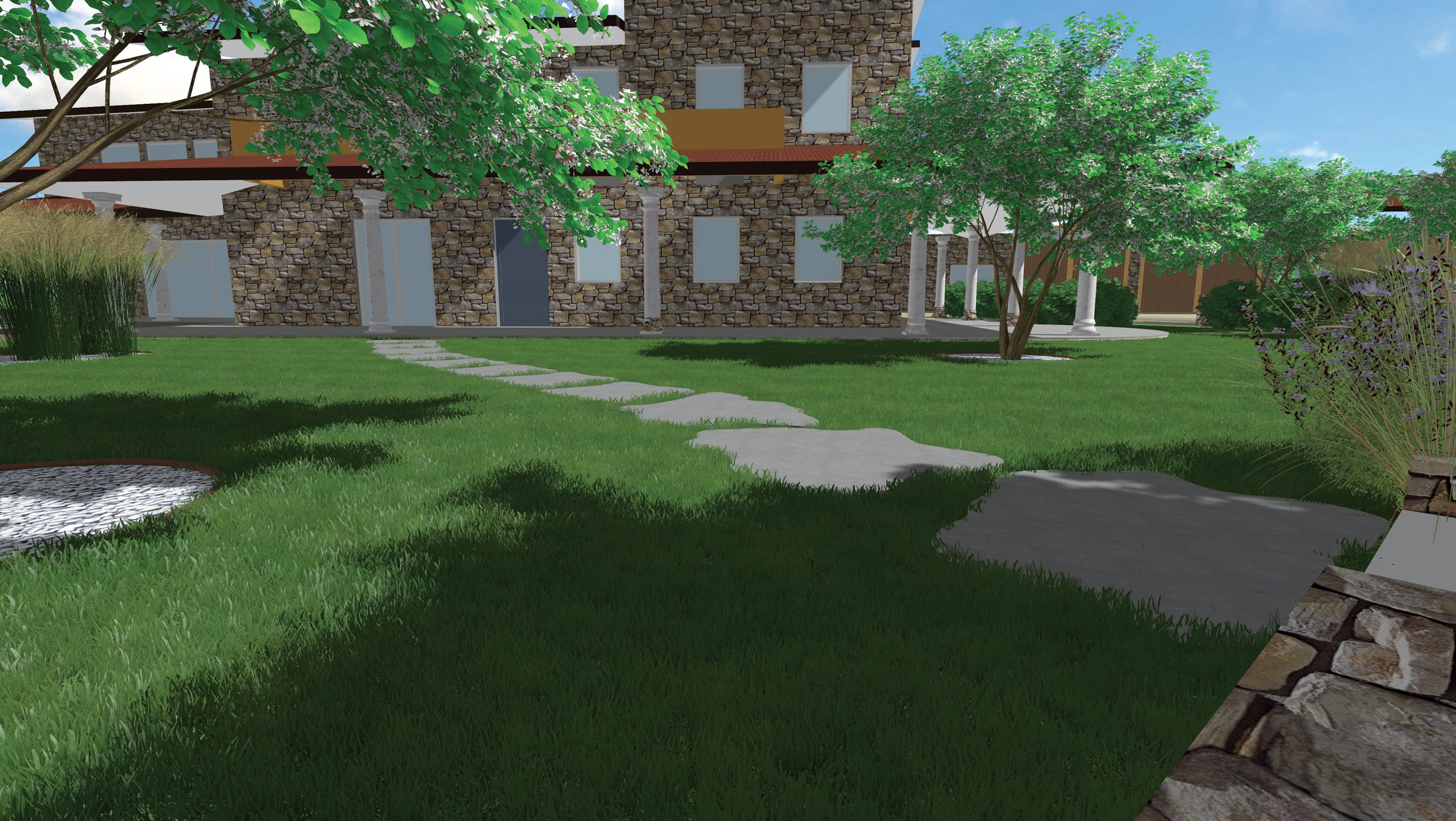 Amelanchier lamarckii, miscanthus sinensis, anelli in corten, base in ciottoli
