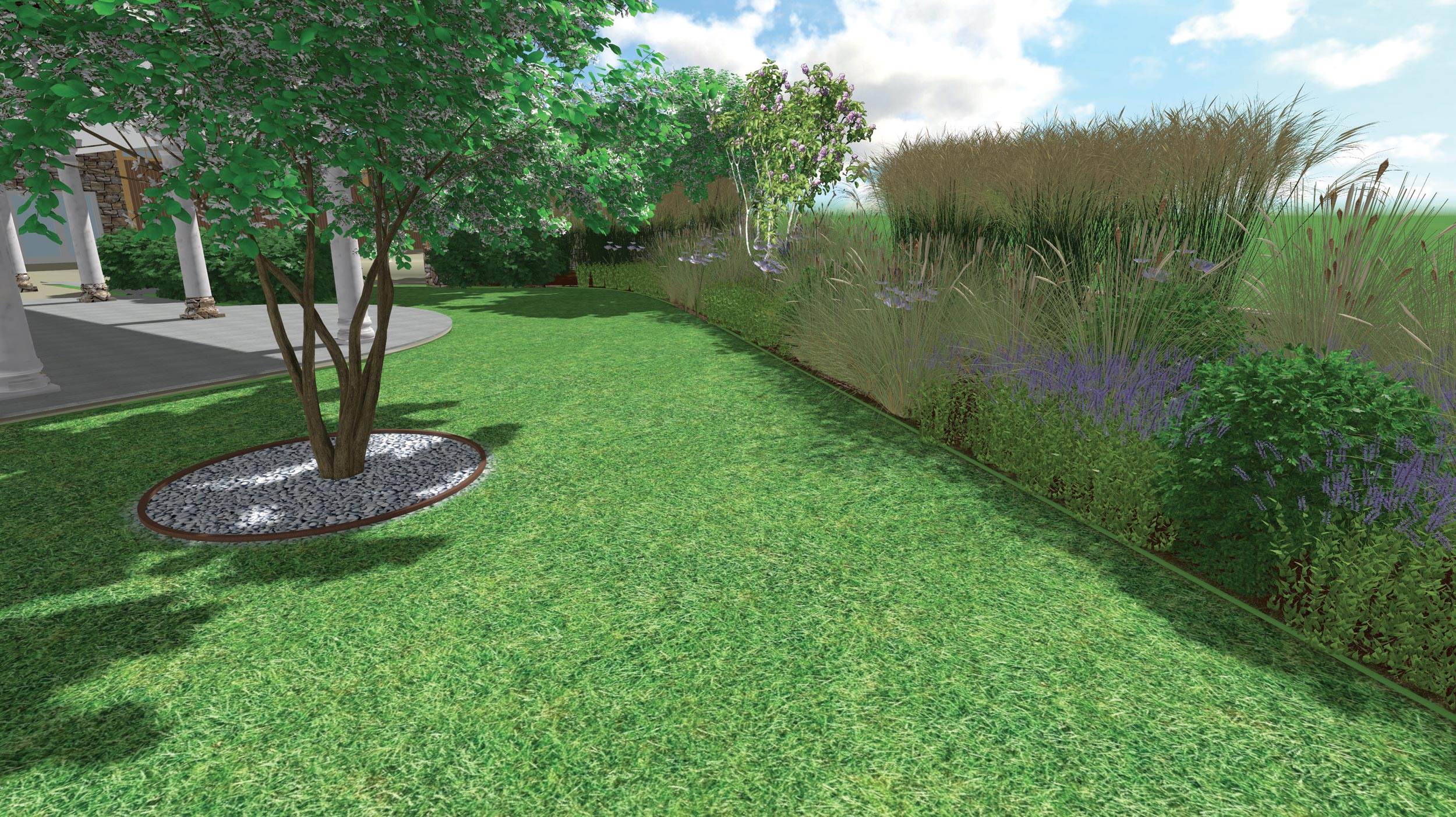 Amelanchier lamarckii, miscanthus sinensis, anelli in corten, base in ciottoli