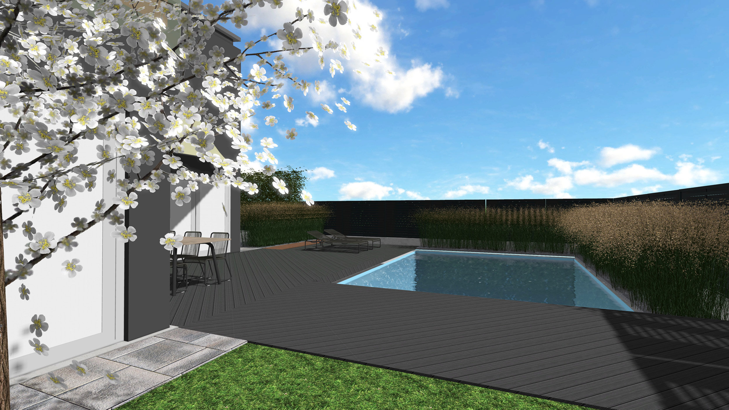 Malus Evereste, pool, swimmingpool, piscina, outdoor, deck, Panicum virgatum Strictum compactum