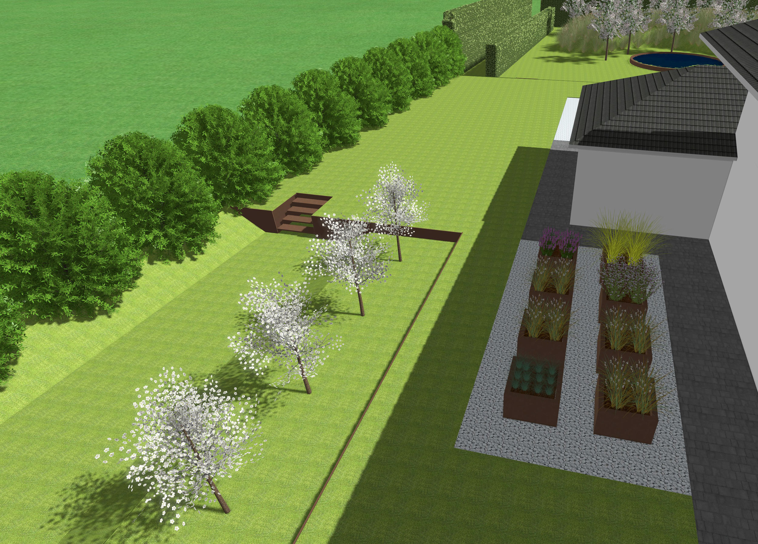 vasche in acciaio corten, aromatiche, erbe officinali, malus floribunda evereste,
